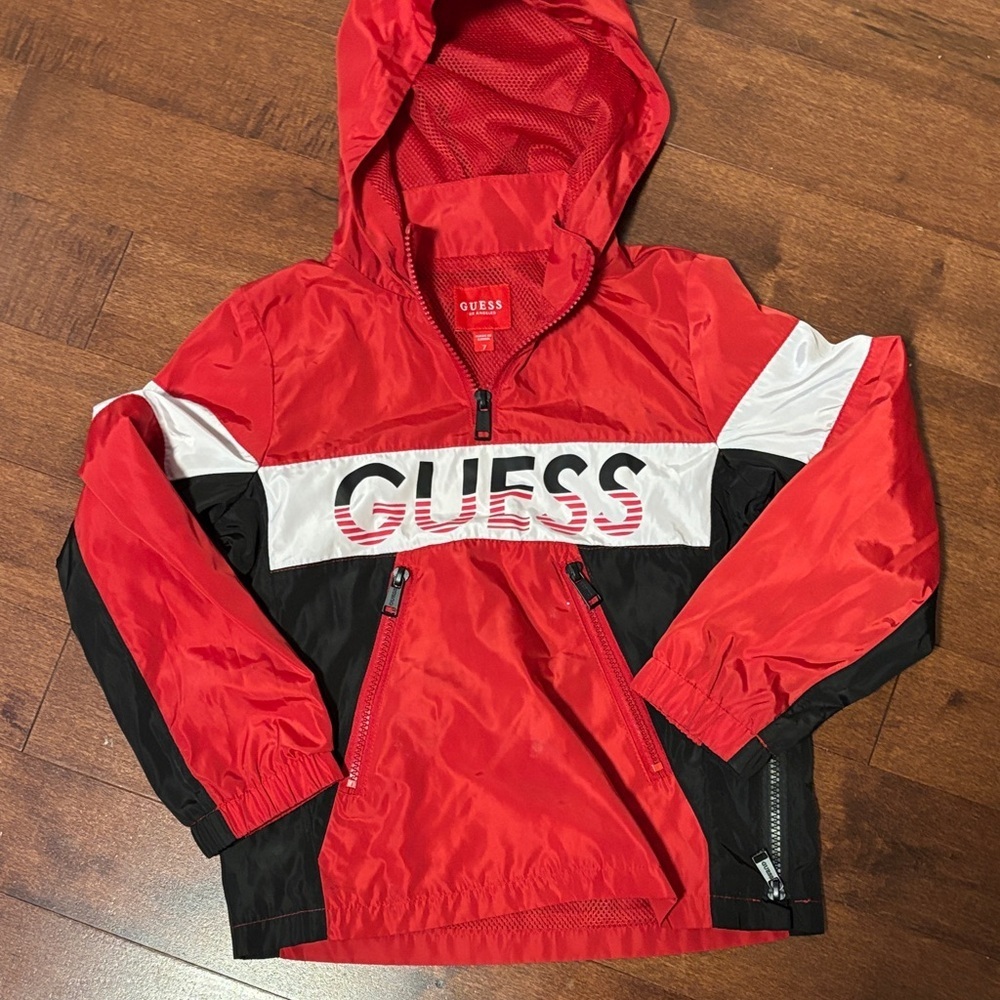 NEW kids GUESS Red and Black Hooded Jacket size 7